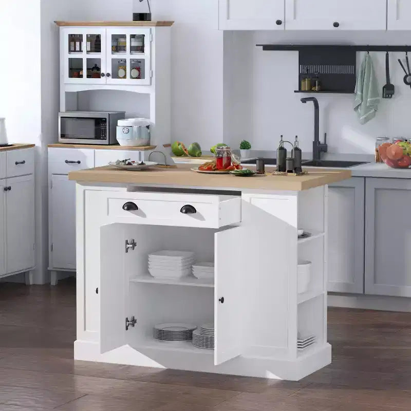 Okak Farmhouse Kitchen Island with Drop Leaf, Kitchen Island Table with Drawer and Open Shelves, Large Kitchen Island for Kitchen, White