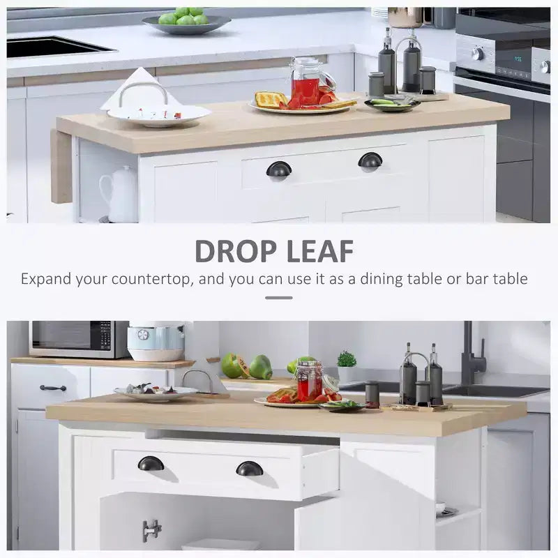 Okak Farmhouse Kitchen Island with Drop Leaf, Kitchen Island Table with Drawer and Open Shelves, Large Kitchen Island for Kitchen, White