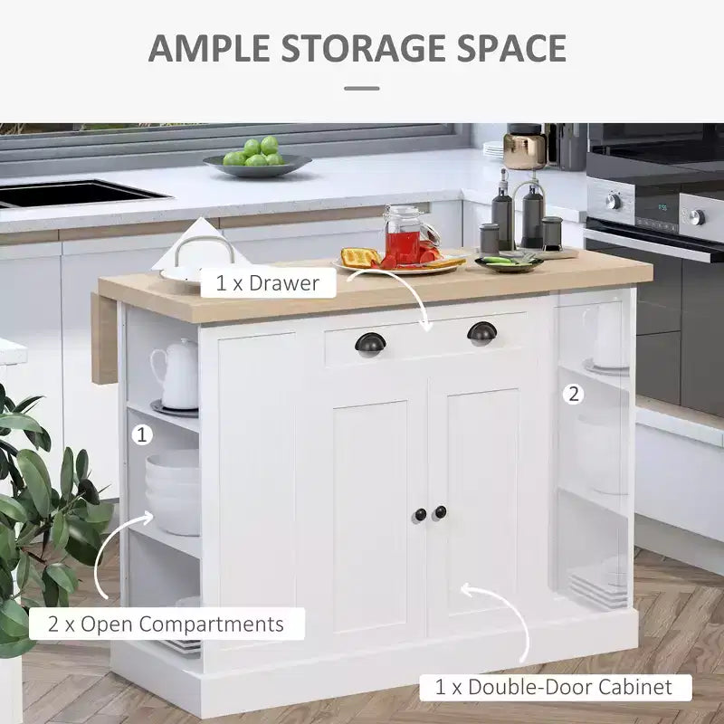 Okak Farmhouse Kitchen Island with Drop Leaf, Kitchen Island Table with Drawer and Open Shelves, Large Kitchen Island for Kitchen, White