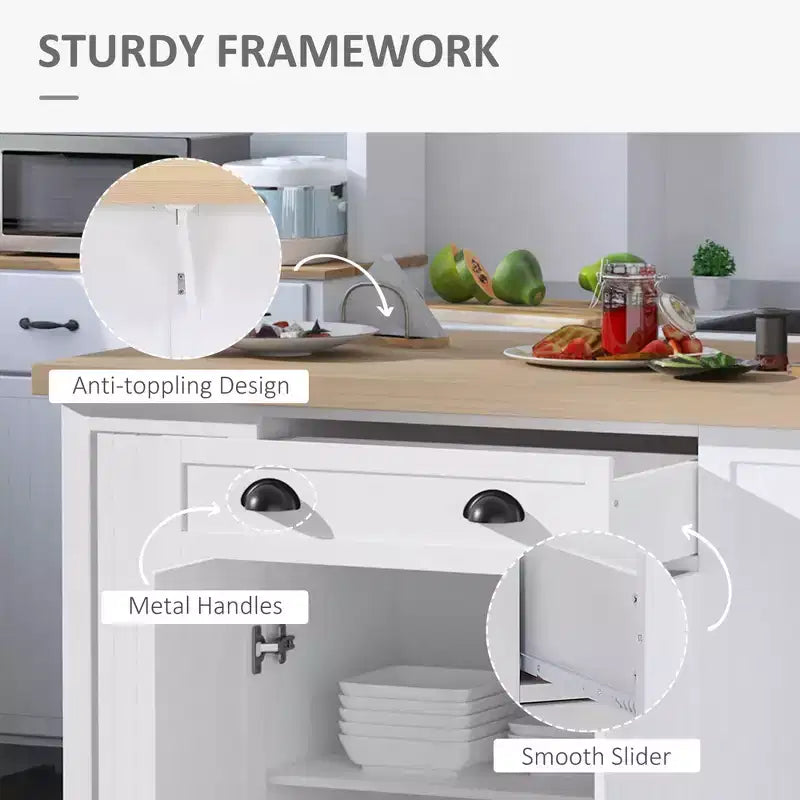 Okak Farmhouse Kitchen Island with Drop Leaf, Kitchen Island Table with Drawer and Open Shelves, Large Kitchen Island for Kitchen, White