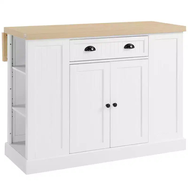 Okak Farmhouse Kitchen Island with Drop Leaf, Kitchen Island Table with Drawer and Open Shelves, Large Kitchen Island for Kitchen, White