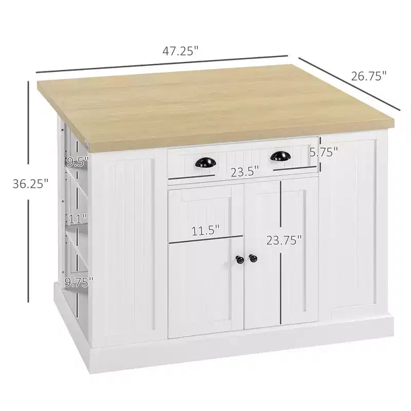 Okak Farmhouse Kitchen Island with Drop Leaf, Kitchen Island Table with Drawer and Open Shelves, Large Kitchen Island for Kitchen, White