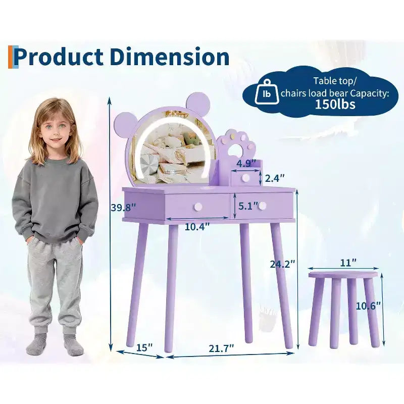 Kids Vanity Set,Bear-Shaped Wooden Makeup Vanity Desk & Stool for Little Girls' Bedroom, Toddler Princess Pretend Play Dressing Table with Mirror