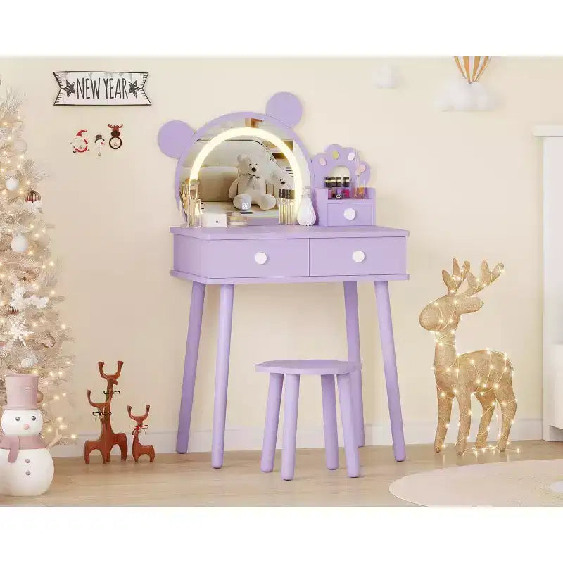 Kids Vanity Set,Bear-Shaped Wooden Makeup Vanity Desk & Stool for Little Girls' Bedroom, Toddler Princess Pretend Play Dressing Table with Mirror