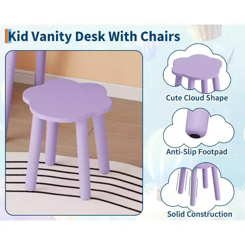 Kids Vanity Set,Bear-Shaped Wooden Makeup Vanity Desk & Stool for Little Girls' Bedroom, Toddler Princess Pretend Play Dressing Table with Mirror
