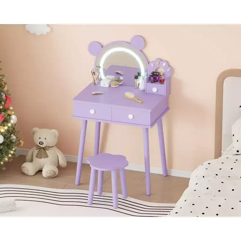 Kids Vanity Set,Bear-Shaped Wooden Makeup Vanity Desk & Stool for Little Girls' Bedroom, Toddler Princess Pretend Play Dressing Table with Mirror