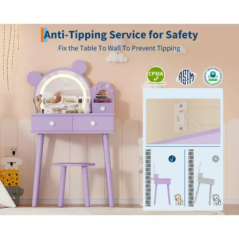 Kids Vanity Set,Bear-Shaped Wooden Makeup Vanity Desk & Stool for Little Girls' Bedroom, Toddler Princess Pretend Play Dressing Table with Mirror