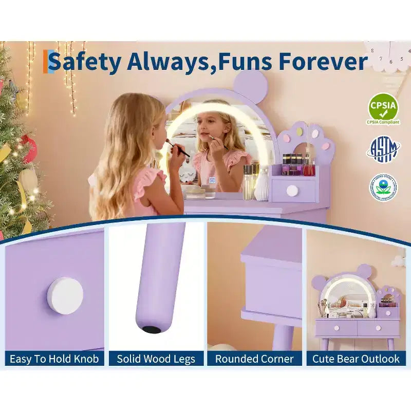 Kids Vanity Set,Bear-Shaped Wooden Makeup Vanity Desk & Stool for Little Girls' Bedroom, Toddler Princess Pretend Play Dressing Table with Mirror