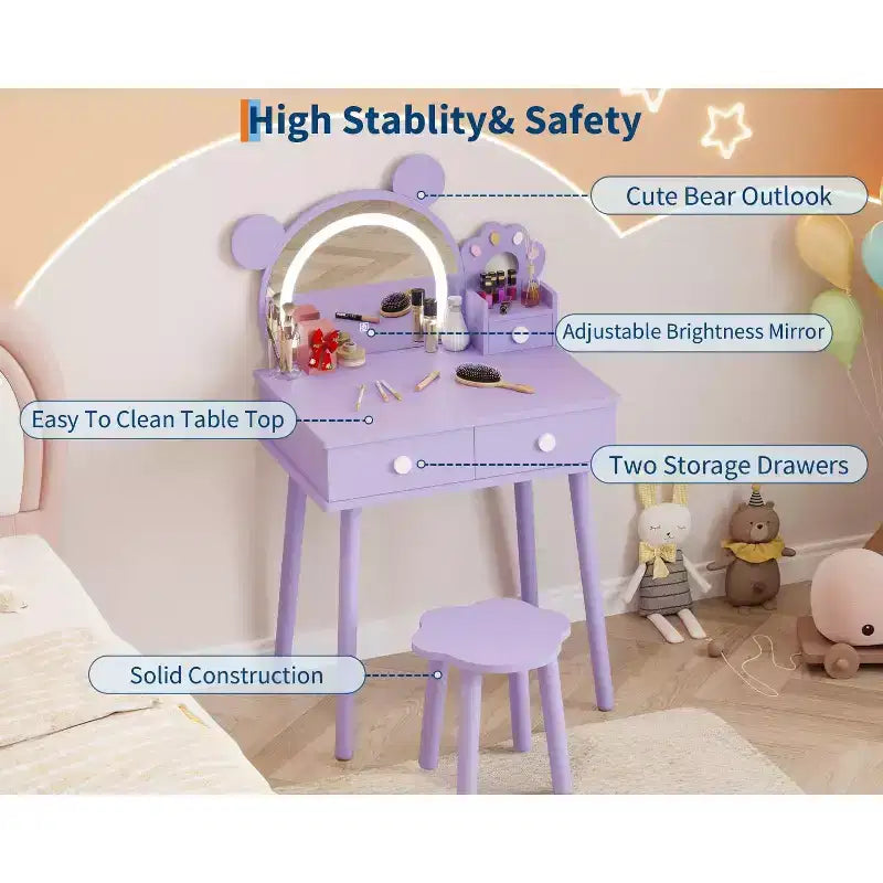 Kids Vanity Set,Bear-Shaped Wooden Makeup Vanity Desk & Stool for Little Girls' Bedroom, Toddler Princess Pretend Play Dressing Table with Mirror
