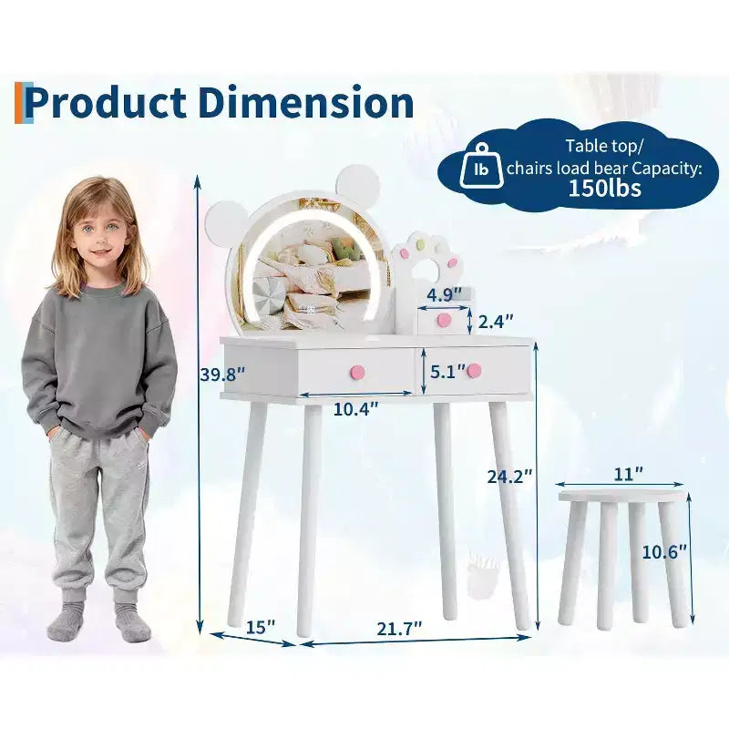 Kids Vanity Set,Bear-Shaped Wooden Makeup Vanity Desk & Stool for Little Girls' Bedroom, Toddler Princess Pretend Play Dressing Table with Mirror