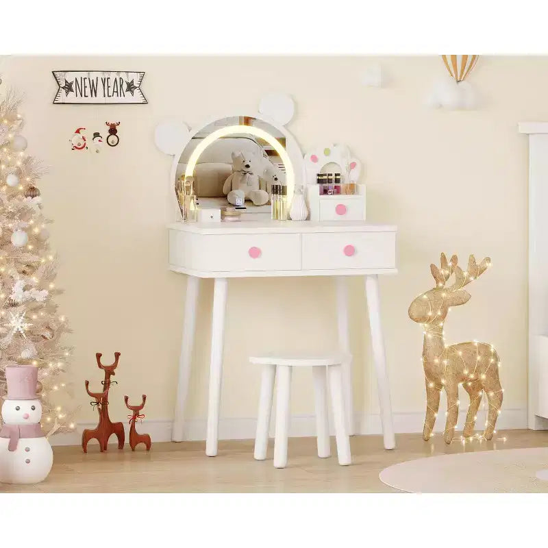 Kids Vanity Set,Bear-Shaped Wooden Makeup Vanity Desk & Stool for Little Girls' Bedroom, Toddler Princess Pretend Play Dressing Table with Mirror
