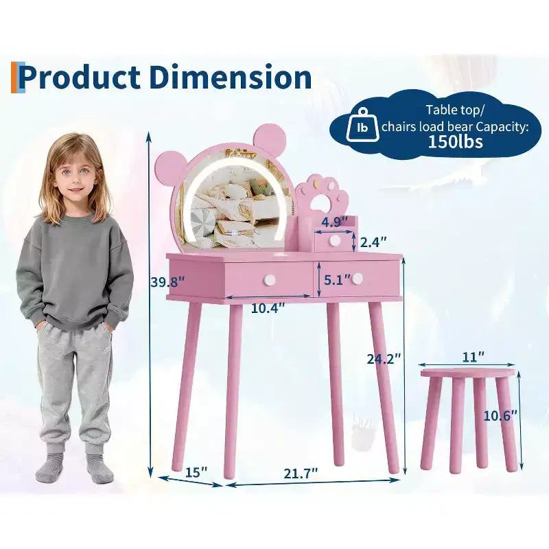 Kids Vanity Set,Bear-Shaped Wooden Makeup Vanity Desk & Stool for Little Girls' Bedroom, Toddler Princess Pretend Play Dressing Table with Mirror