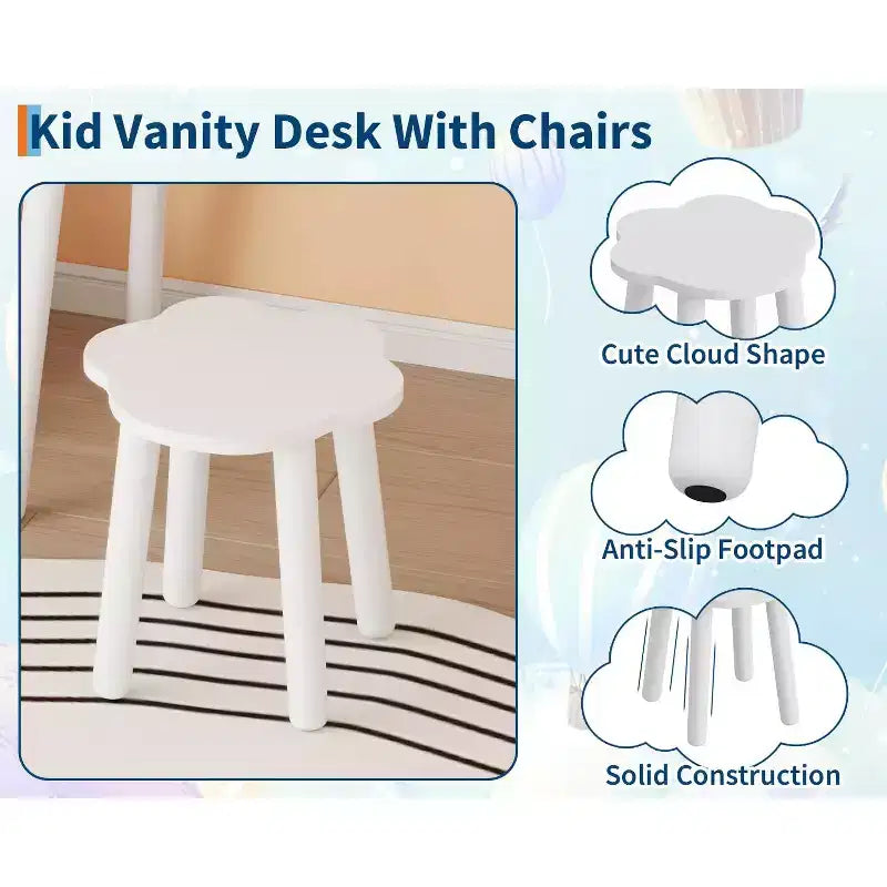 Kids Vanity Set,Bear-Shaped Wooden Makeup Vanity Desk & Stool for Little Girls' Bedroom, Toddler Princess Pretend Play Dressing Table with Mirror