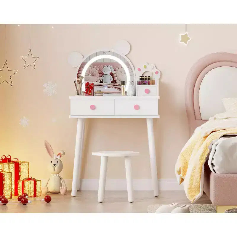 Kids Vanity Set,Bear-Shaped Wooden Makeup Vanity Desk & Stool for Little Girls' Bedroom, Toddler Princess Pretend Play Dressing Table with Mirror