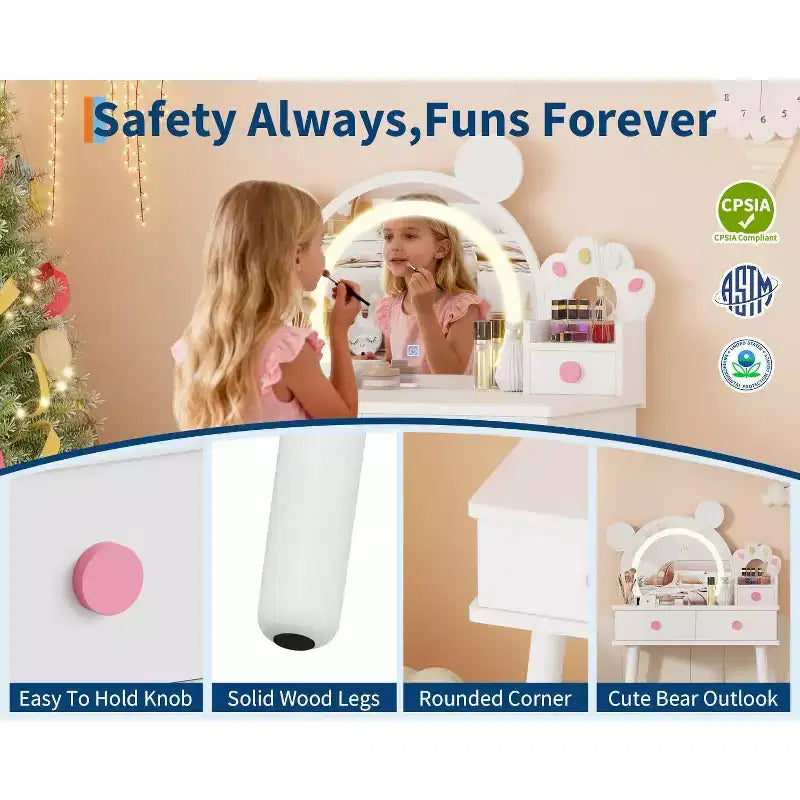 Kids Vanity Set,Bear-Shaped Wooden Makeup Vanity Desk & Stool for Little Girls' Bedroom, Toddler Princess Pretend Play Dressing Table with Mirror