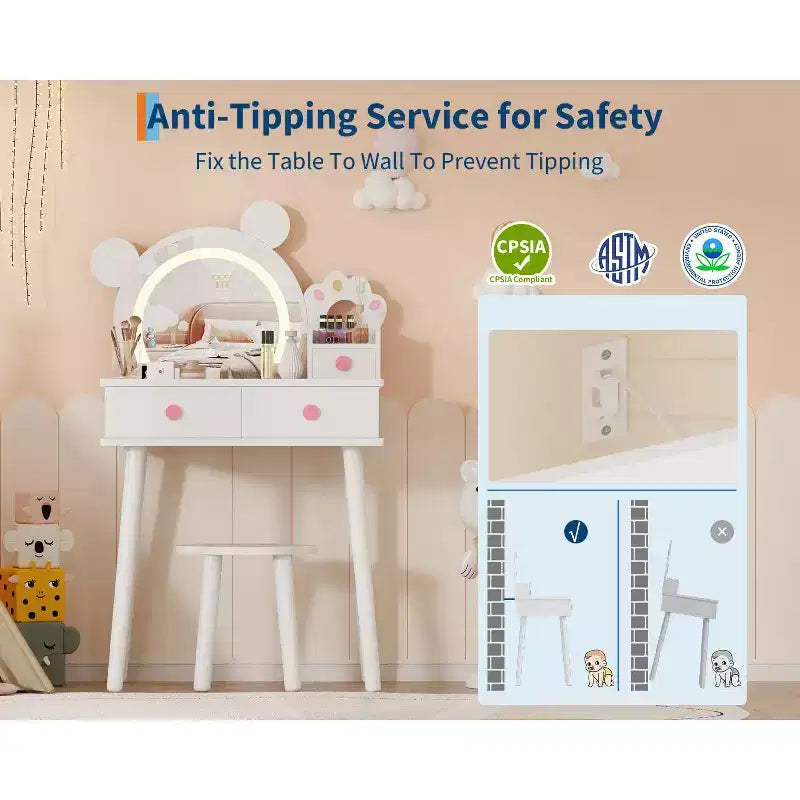 Kids Vanity Set,Bear-Shaped Wooden Makeup Vanity Desk & Stool for Little Girls' Bedroom, Toddler Princess Pretend Play Dressing Table with Mirror