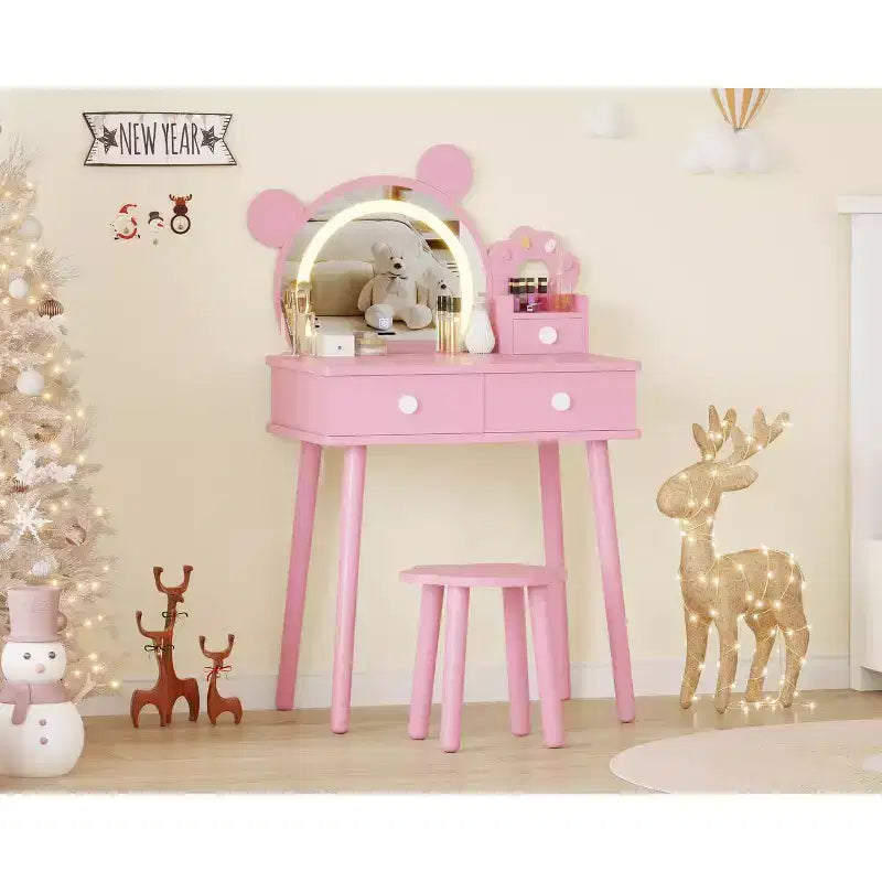 Kids Vanity Set,Bear-Shaped Wooden Makeup Vanity Desk & Stool for Little Girls' Bedroom, Toddler Princess Pretend Play Dressing Table with Mirror