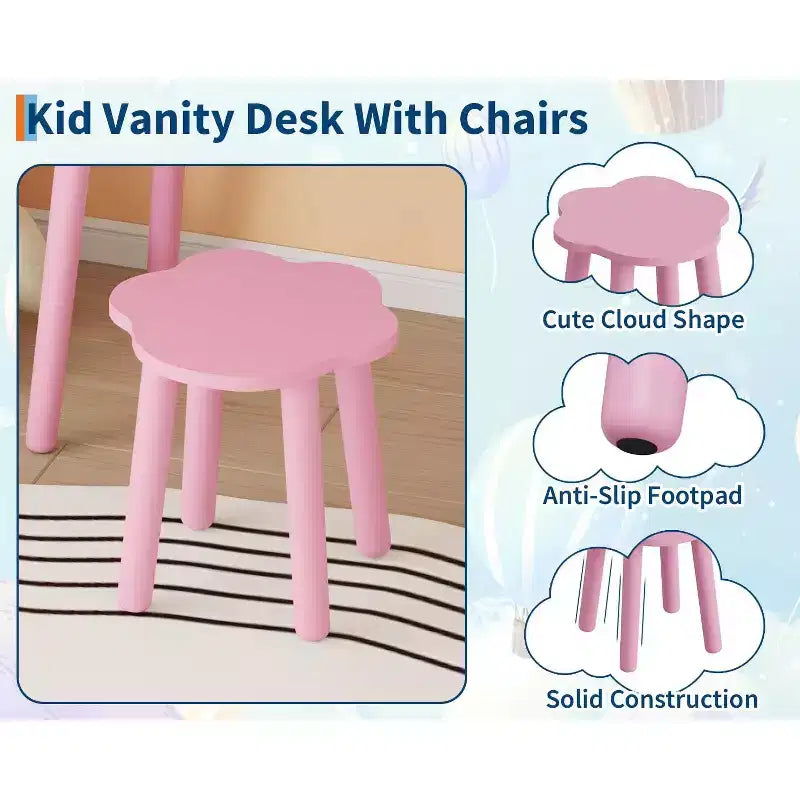 Kids Vanity Set,Bear-Shaped Wooden Makeup Vanity Desk & Stool for Little Girls' Bedroom, Toddler Princess Pretend Play Dressing Table with Mirror