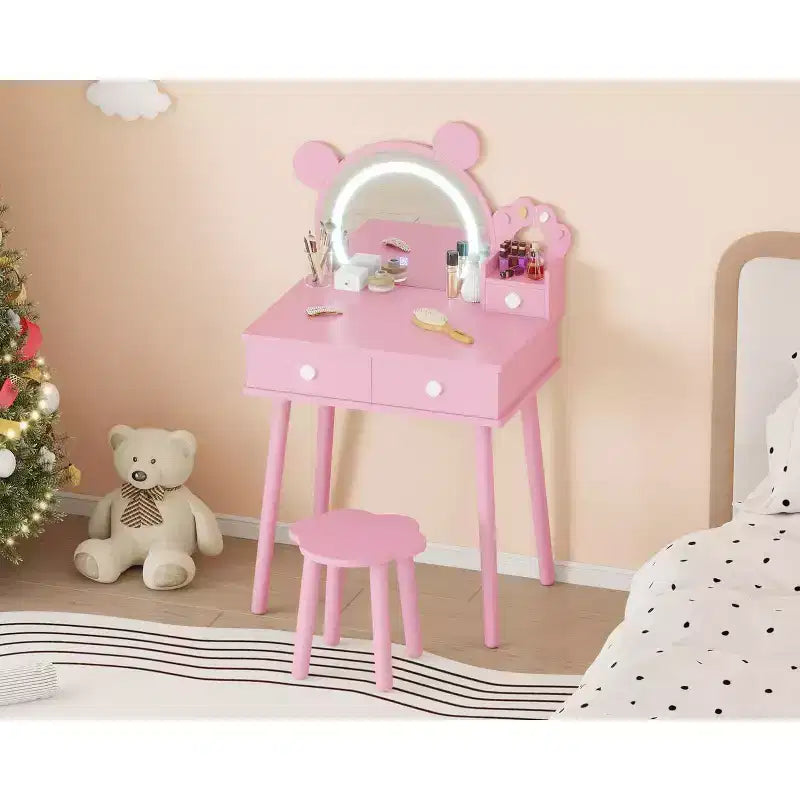 Kids Vanity Set,Bear-Shaped Wooden Makeup Vanity Desk & Stool for Little Girls' Bedroom, Toddler Princess Pretend Play Dressing Table with Mirror