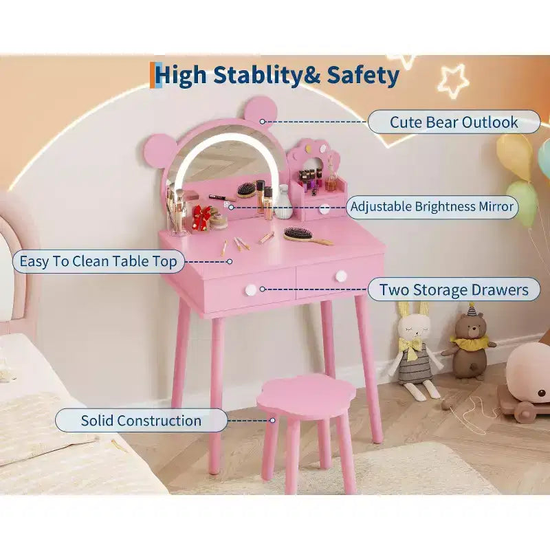 Kids Vanity Set,Bear-Shaped Wooden Makeup Vanity Desk & Stool for Little Girls' Bedroom, Toddler Princess Pretend Play Dressing Table with Mirror