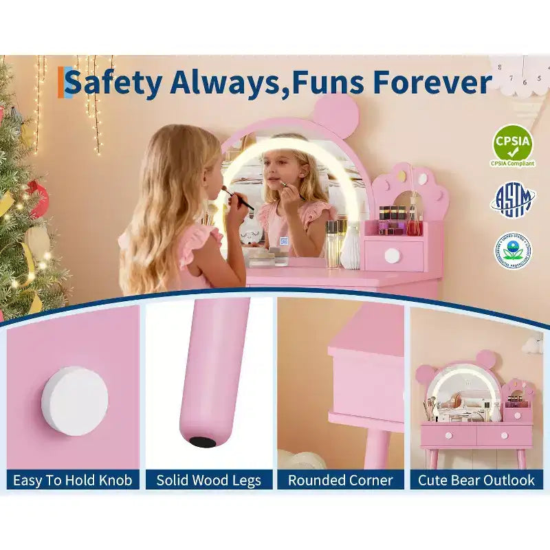 Kids Vanity Set,Bear-Shaped Wooden Makeup Vanity Desk & Stool for Little Girls' Bedroom, Toddler Princess Pretend Play Dressing Table with Mirror