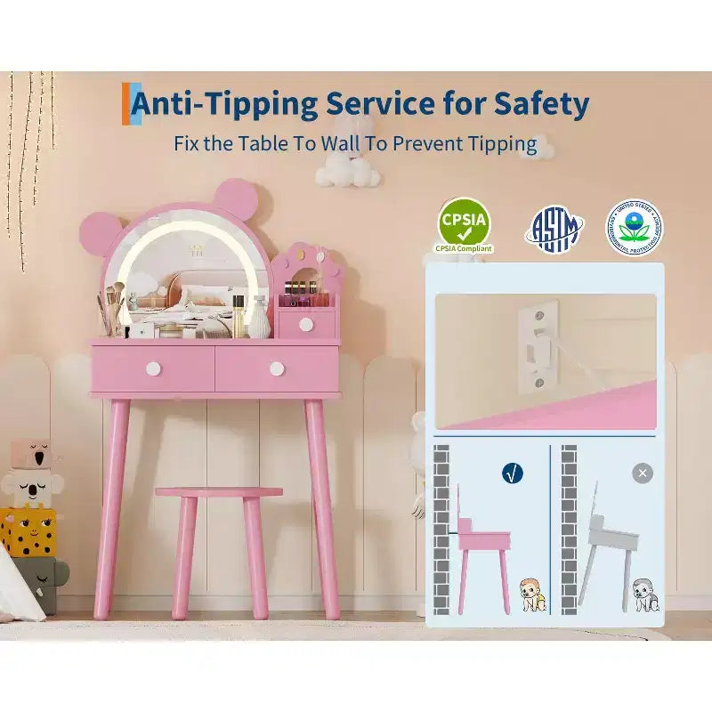 Kids Vanity Set,Bear-Shaped Wooden Makeup Vanity Desk & Stool for Little Girls' Bedroom, Toddler Princess Pretend Play Dressing Table with Mirror