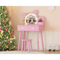 Kids Vanity Set,Bear-Shaped Wooden Makeup Vanity Desk & Stool for Little Girls' Bedroom, Toddler Princess Pretend Play Dressing Table with Mirror
