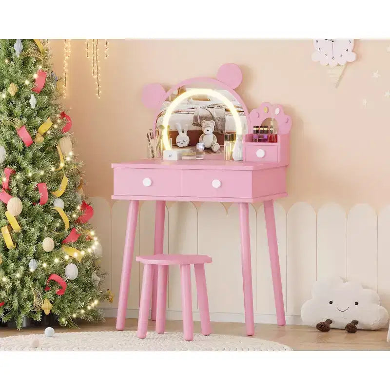 Kids Vanity Set,Bear-Shaped Wooden Makeup Vanity Desk & Stool for Little Girls' Bedroom, Toddler Princess Pretend Play Dressing Table with Mirror