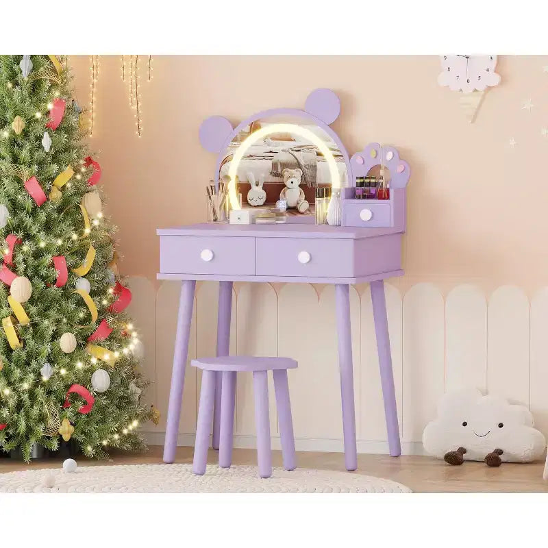 Kids Vanity Set,Bear-Shaped Wooden Makeup Vanity Desk & Stool for Little Girls' Bedroom, Toddler Princess Pretend Play Dressing Table with Mirror