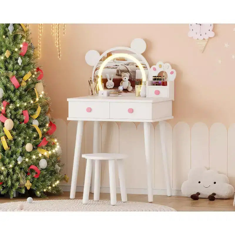 Kids Vanity Set,Bear-Shaped Wooden Makeup Vanity Desk & Stool for Little Girls' Bedroom, Toddler Princess Pretend Play Dressing Table with Mirror