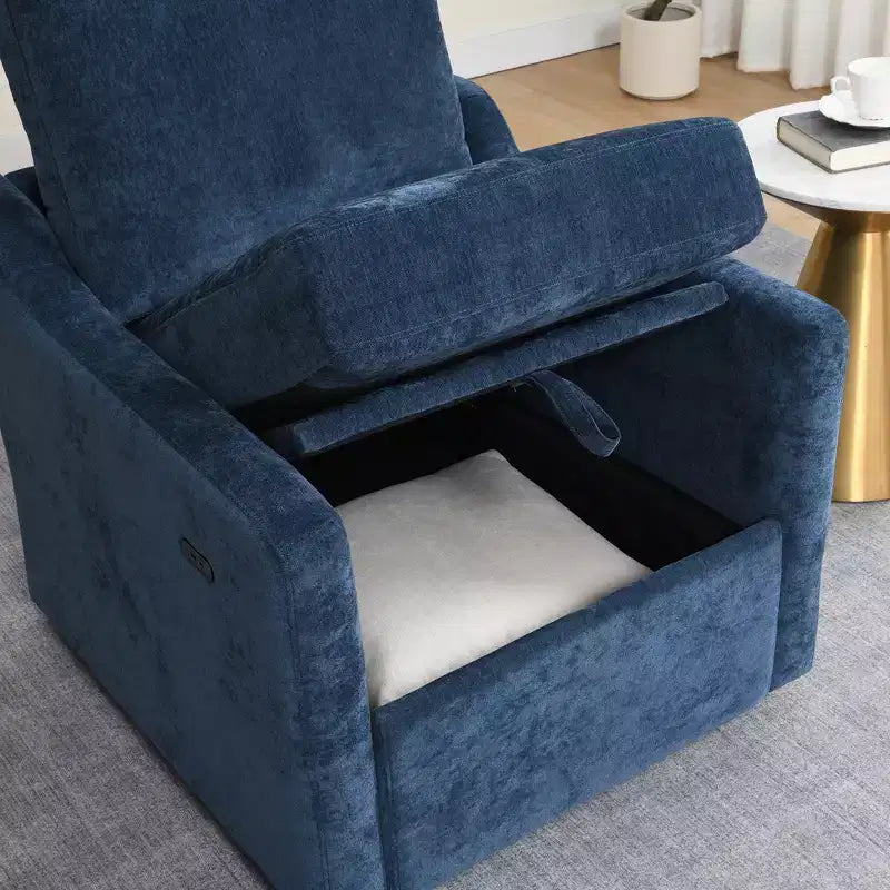 Swivel Reclining Nursery Rockers for Living Room, Chenille Chair with Phone Holder, USB/Type-c Ports, Arm Storage, Light Brown