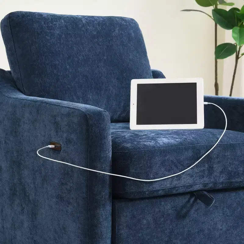 Swivel Reclining Nursery Rockers for Living Room, Chenille Chair with Phone Holder, USB/Type-c Ports, Arm Storage, Light Brown