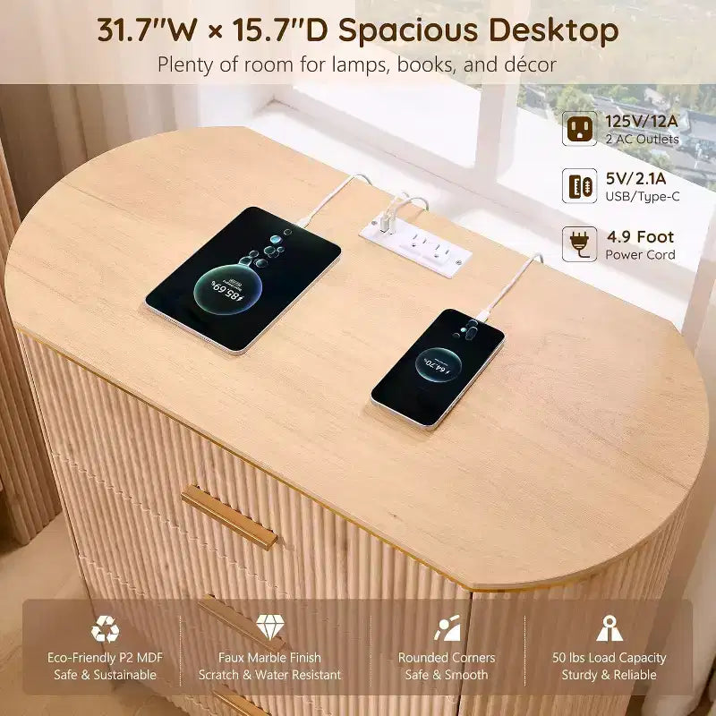 Fluted Nightstand with Charging Station, 31.7 Wide End Table with 3 Drawers, Wood Dresser for Bedroom, Night Stand for Living Room