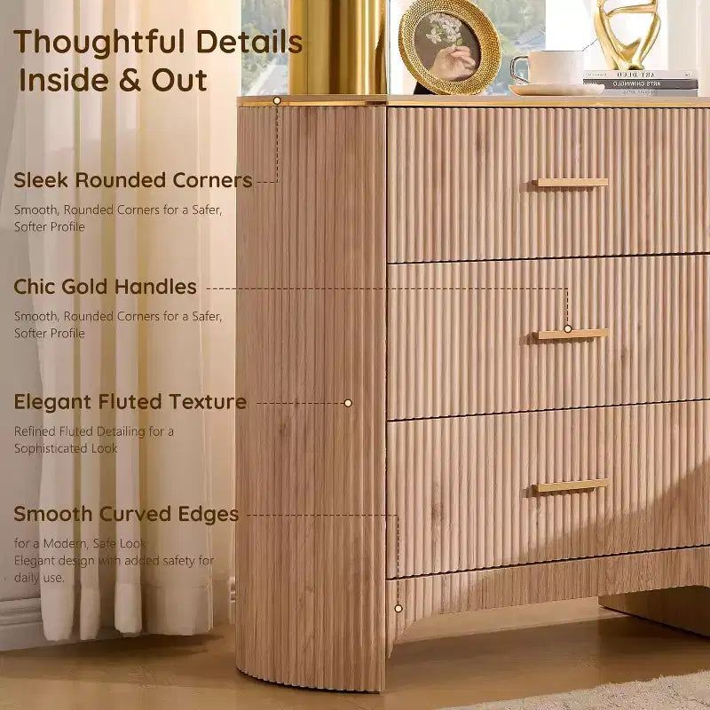 Fluted Nightstand with Charging Station, 31.7 Wide End Table with 3 Drawers, Wood Dresser for Bedroom, Night Stand for Living Room