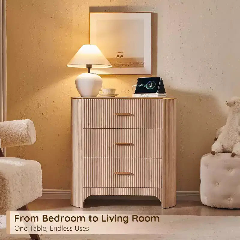 Fluted Nightstand with Charging Station, 31.7 Wide End Table with 3 Drawers, Wood Dresser for Bedroom, Night Stand for Living Room