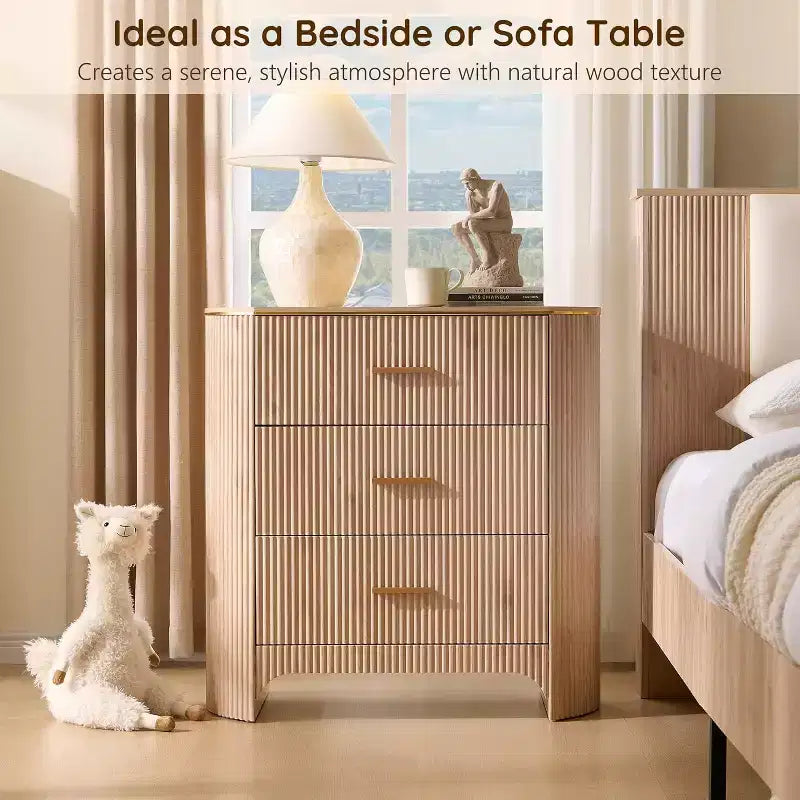 Fluted Nightstand with Charging Station, 31.7 Wide End Table with 3 Drawers, Wood Dresser for Bedroom, Night Stand for Living Room