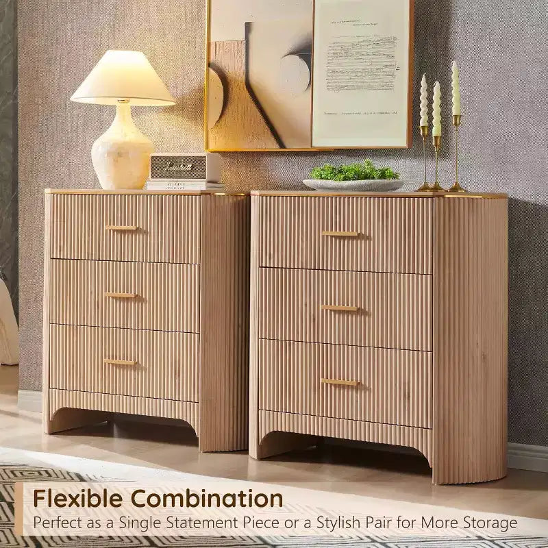 Fluted Nightstand with Charging Station, 31.7 Wide End Table with 3 Drawers, Wood Dresser for Bedroom, Night Stand for Living Room