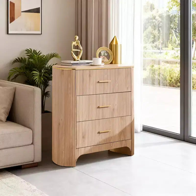 Fluted Nightstand with Charging Station, 31.7 Wide End Table with 3 Drawers, Wood Dresser for Bedroom, Night Stand for Living Room