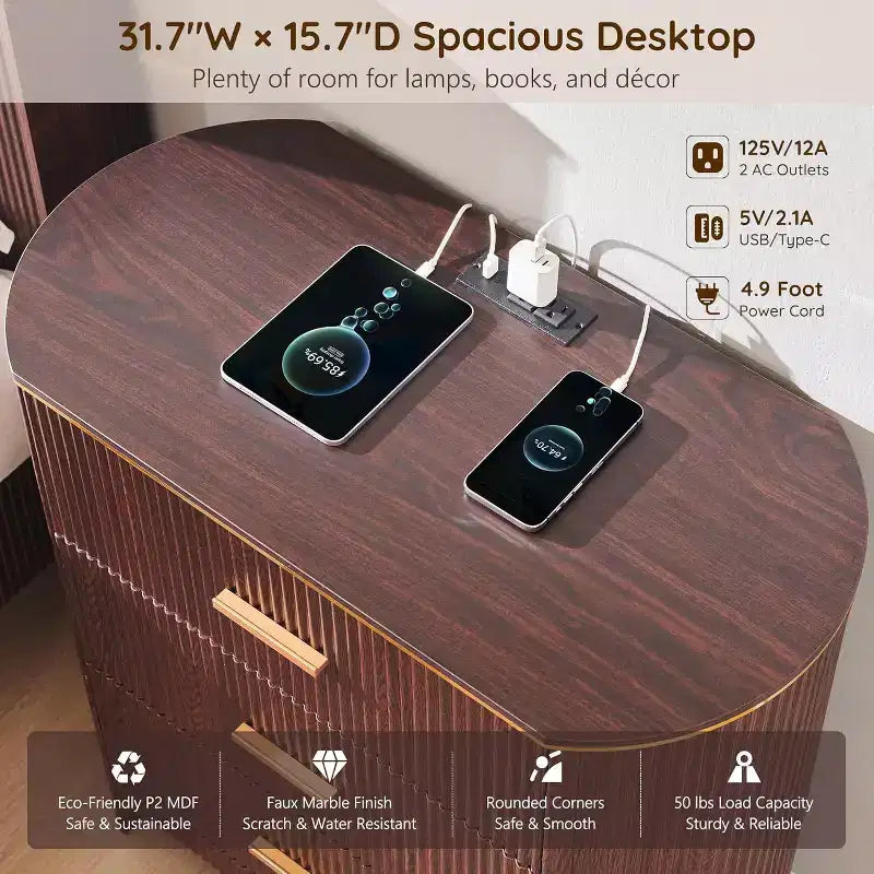 Fluted Nightstand with Charging Station, 31.7 Wide End Table with 3 Drawers, Wood Dresser for Bedroom, Night Stand for Living Room