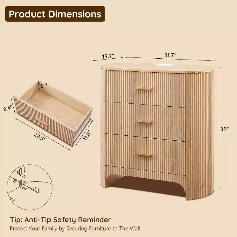 Fluted Nightstand with Charging Station, 31.7 Wide End Table with 3 Drawers, Wood Dresser for Bedroom, Night Stand for Living Room