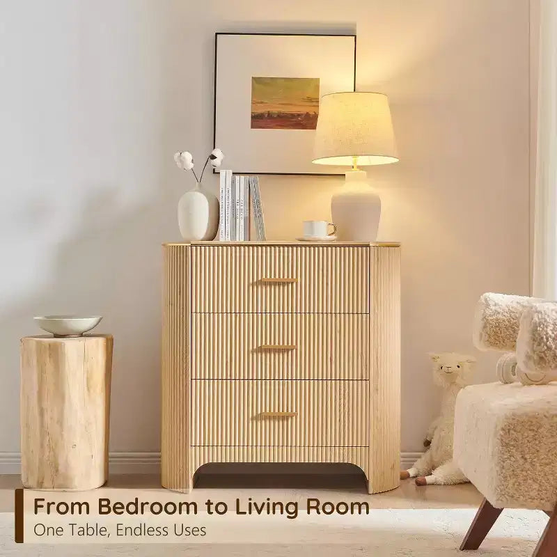 Fluted Nightstand with Charging Station, 31.7 Wide End Table with 3 Drawers, Wood Dresser for Bedroom, Night Stand for Living Room