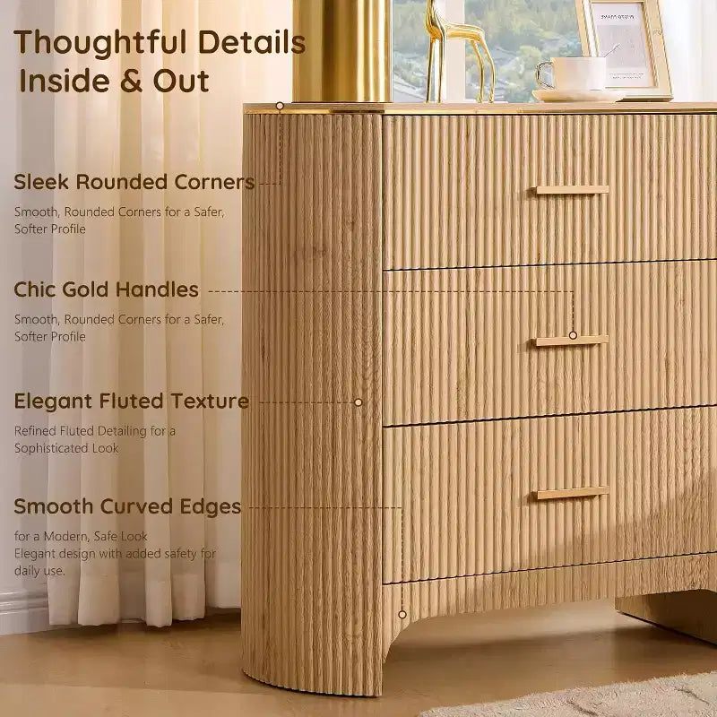 Fluted Nightstand with Charging Station, 31.7 Wide End Table with 3 Drawers, Wood Dresser for Bedroom, Night Stand for Living Room