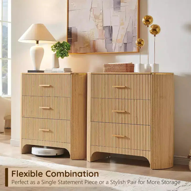 Fluted Nightstand with Charging Station, 31.7 Wide End Table with 3 Drawers, Wood Dresser for Bedroom, Night Stand for Living Room