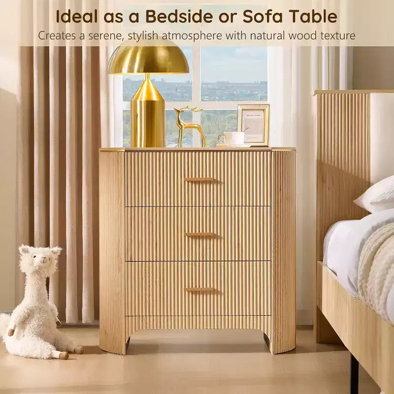 Fluted Nightstand with Charging Station, 31.7 Wide End Table with 3 Drawers, Wood Dresser for Bedroom, Night Stand for Living Room