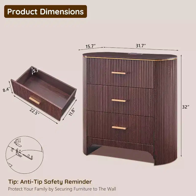 Fluted Nightstand with Charging Station, 31.7 Wide End Table with 3 Drawers, Wood Dresser for Bedroom, Night Stand for Living Room