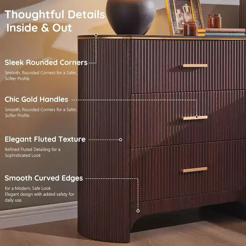 Fluted Nightstand with Charging Station, 31.7 Wide End Table with 3 Drawers, Wood Dresser for Bedroom, Night Stand for Living Room