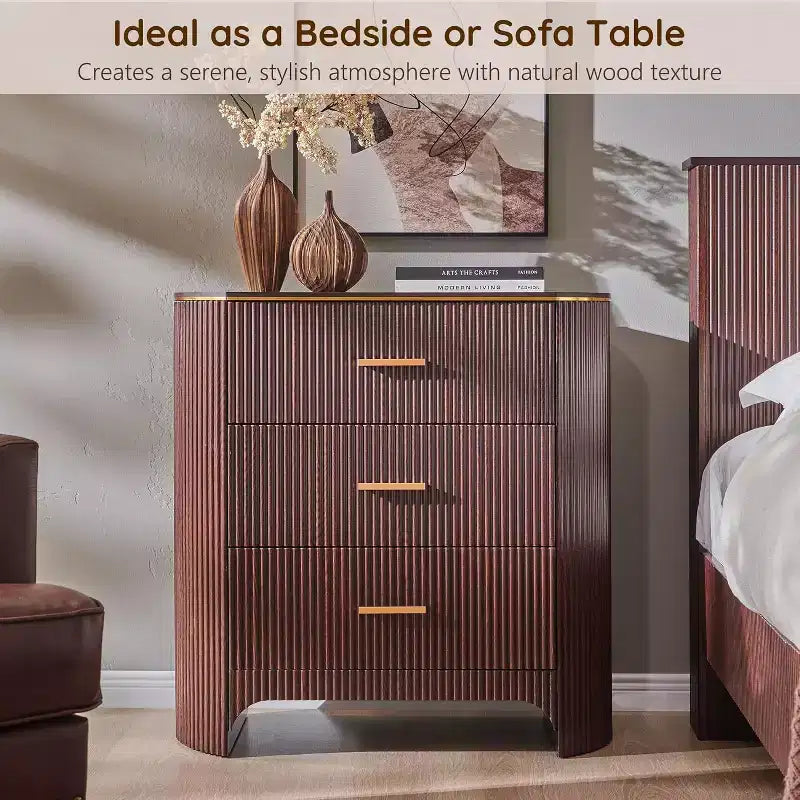 Fluted Nightstand with Charging Station, 31.7 Wide End Table with 3 Drawers, Wood Dresser for Bedroom, Night Stand for Living Room