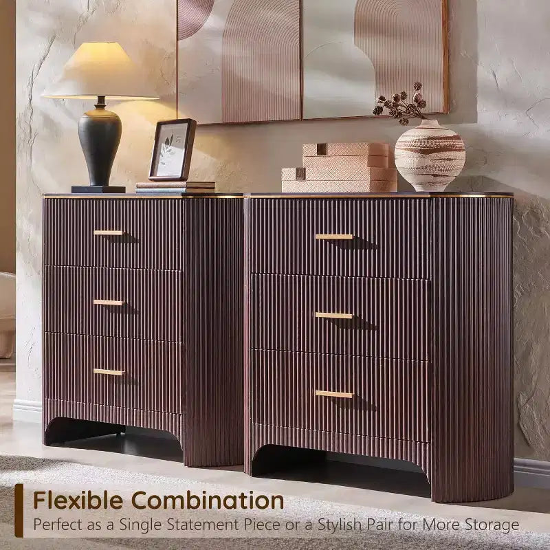 Fluted Nightstand with Charging Station, 31.7 Wide End Table with 3 Drawers, Wood Dresser for Bedroom, Night Stand for Living Room