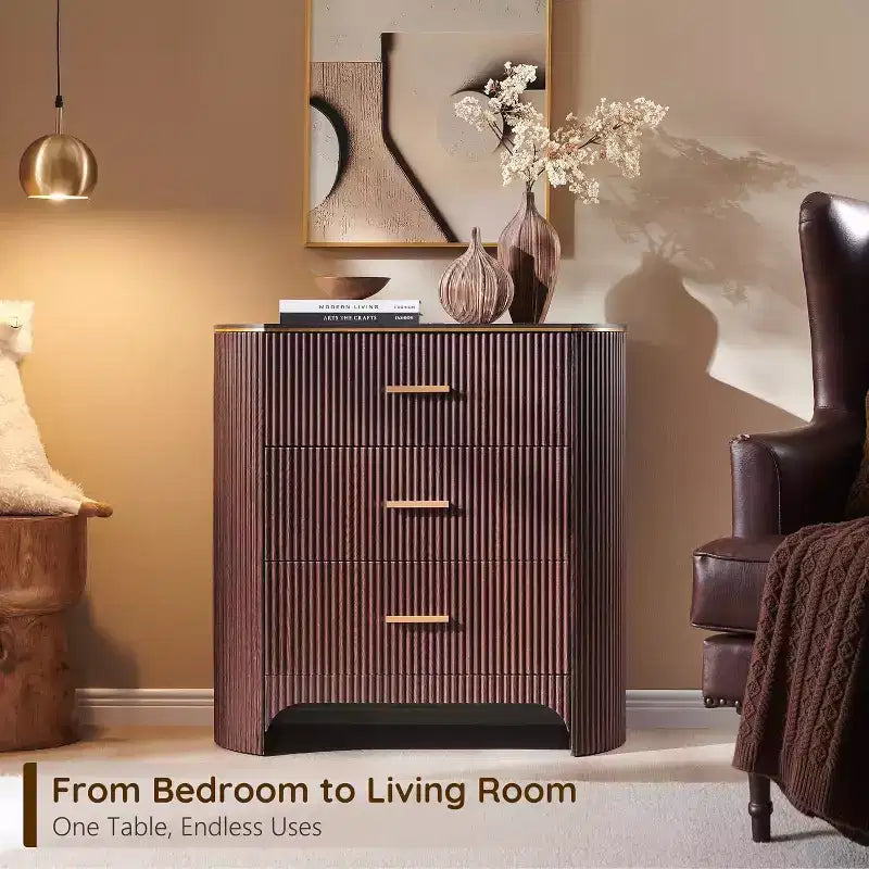 Fluted Nightstand with Charging Station, 31.7 Wide End Table with 3 Drawers, Wood Dresser for Bedroom, Night Stand for Living Room