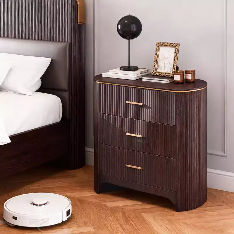Fluted Nightstand with Charging Station, 31.7 Wide End Table with 3 Drawers, Wood Dresser for Bedroom, Night Stand for Living Room